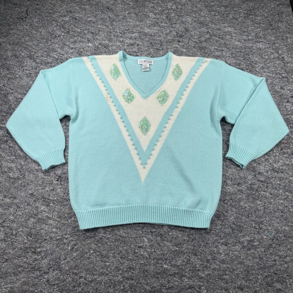 Vintage Color Cues Aqua Blue Sequin Pearl V-Neck Knit Sweater Large Angora Blend